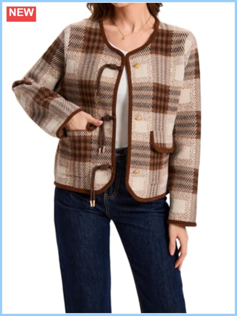 Vintage Plaid Cardigan Sweater Button Down Knit Jacket with Pockets - Picture 2 of 6